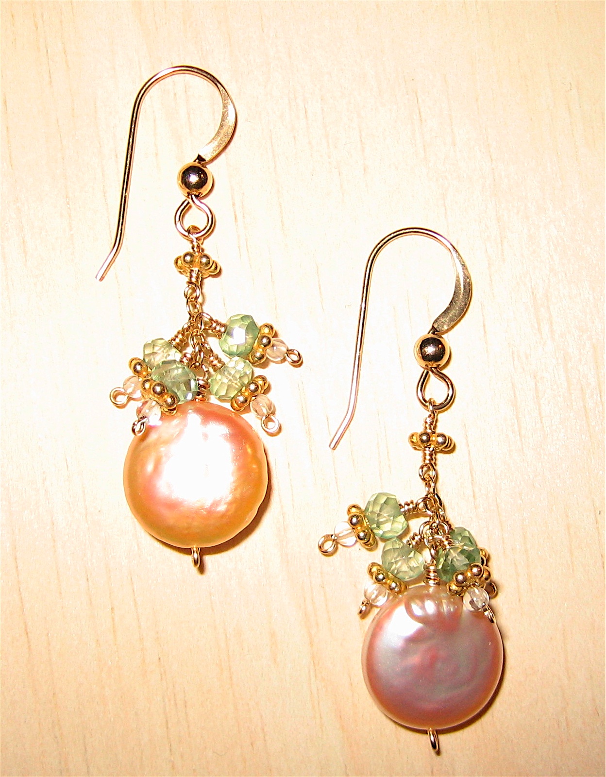14k Gold-Filled Earrings with Coin Pearls and Green Amethysts