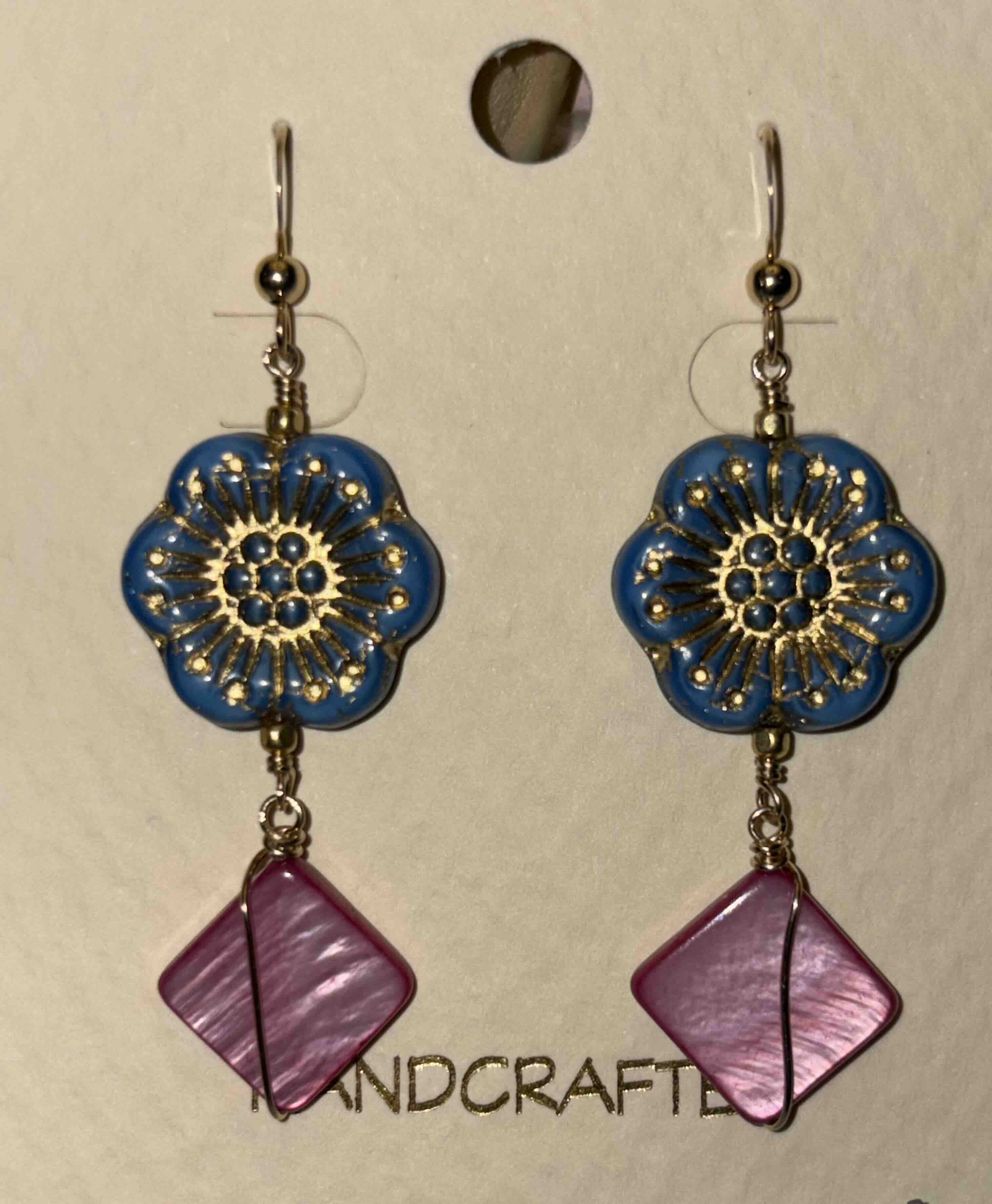 14k Gold-Filled Earrings with Czech Glass Flowers and Pink Mother of Pearl